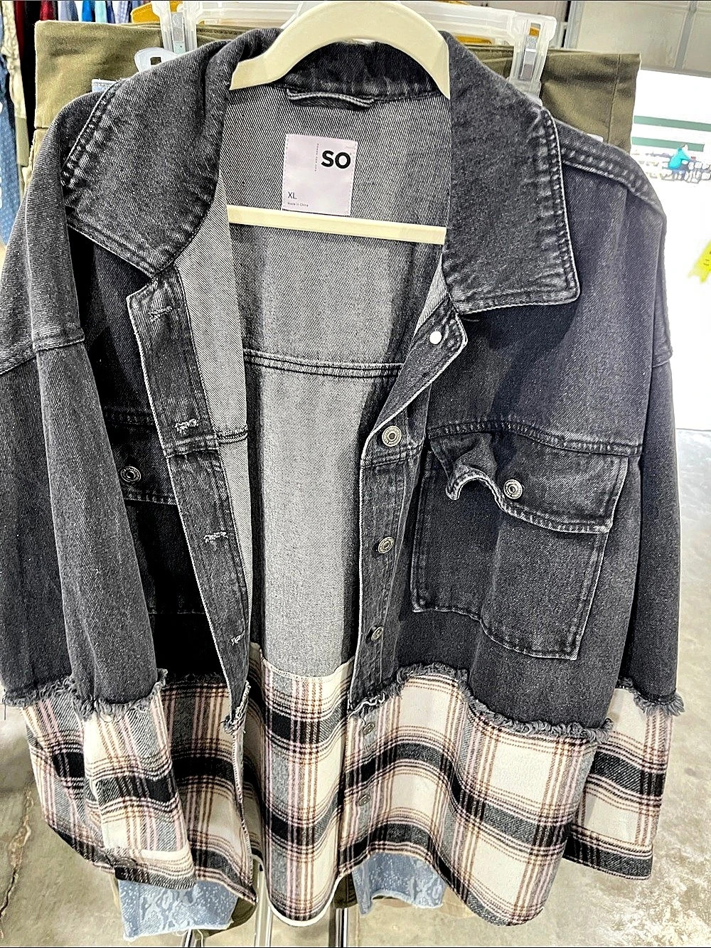 SO Denim & Plaid Mixed Media Jacket Plaid Hem Size XL